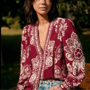 Sezane Tally Blouse Red and Ecru Floral Size 44 (12) EUC